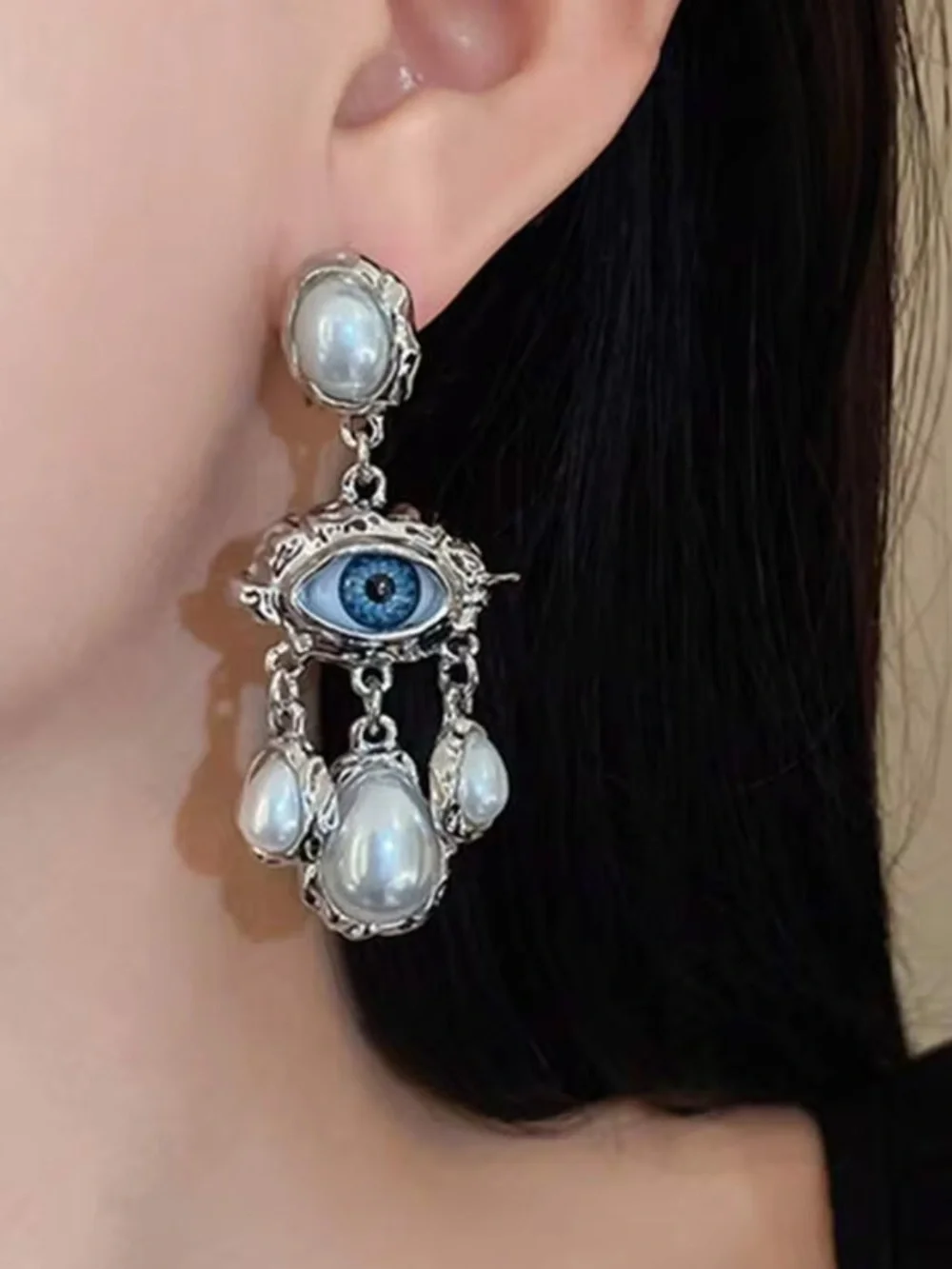 New! Silver Drop Baroque Style Pearls with Blue Evil Eye Chandelier Earrings